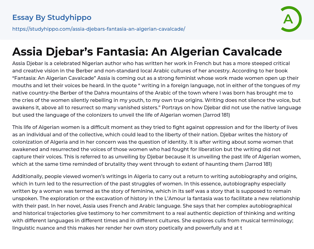 Assia Djebar’s Fantasia: An Algerian Cavalcade Essay Example