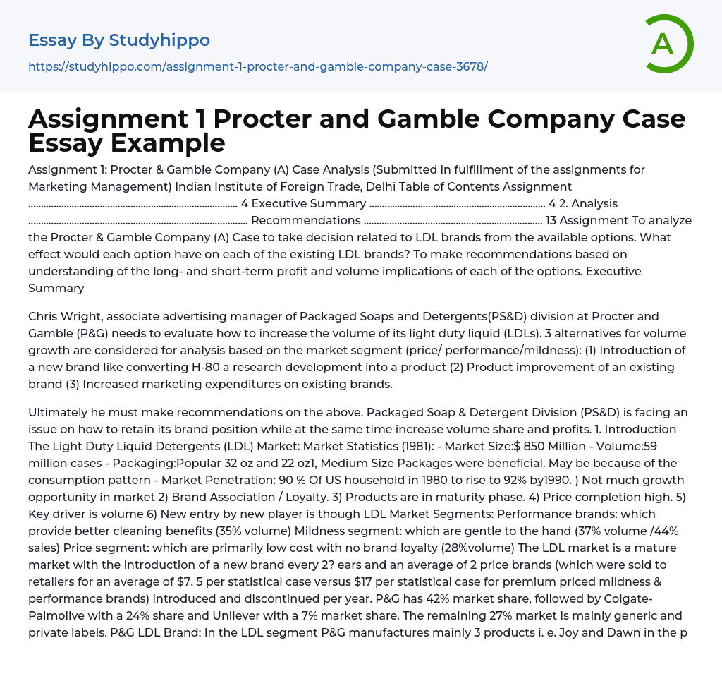 Assignment 1 Procter and Gamble Company Case Essay Example