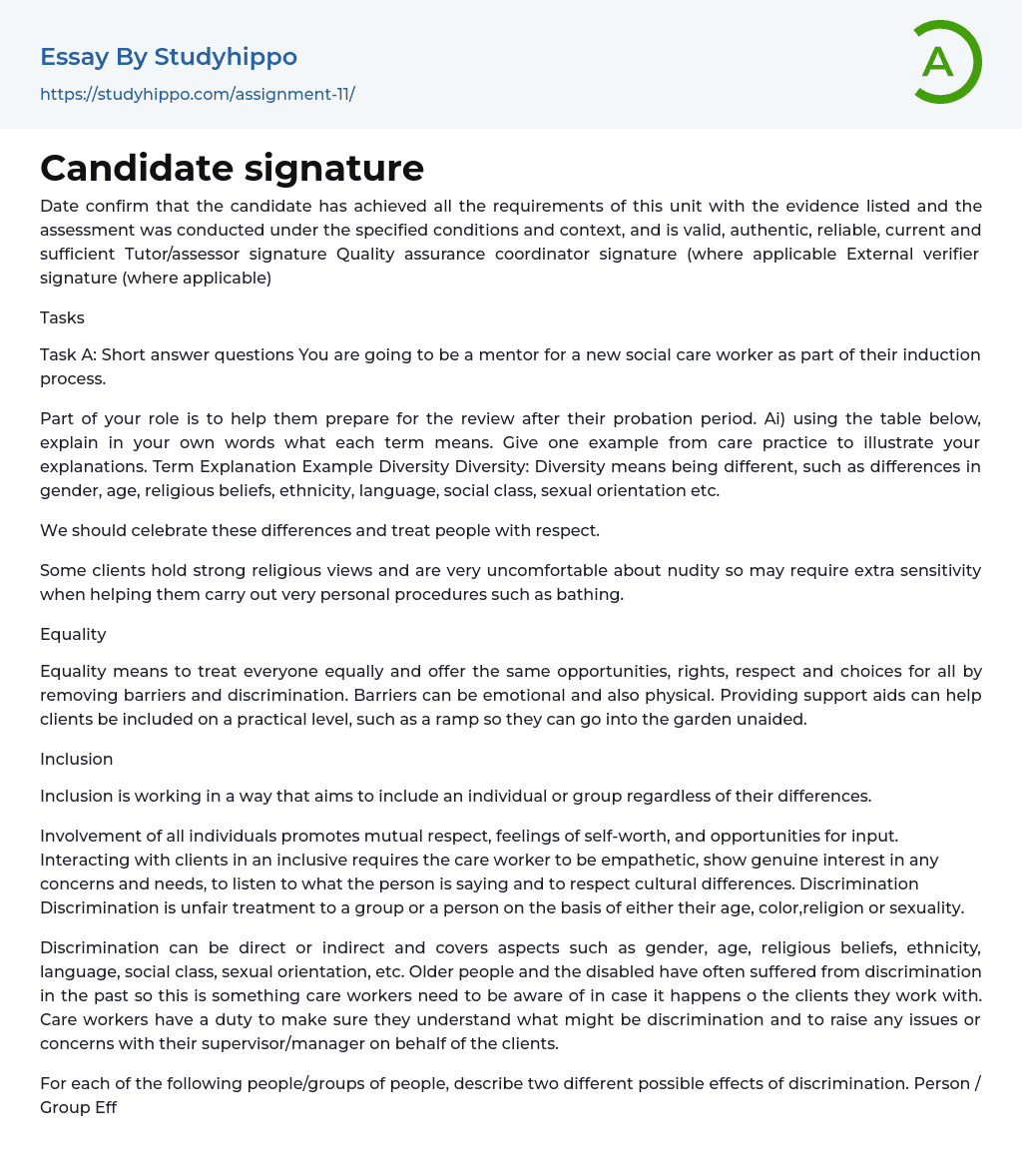Candidate signature Essay Example