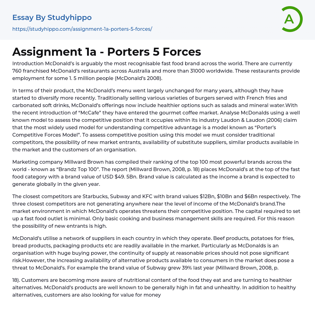 Assignment 1a – Porters 5 Forces Essay Example