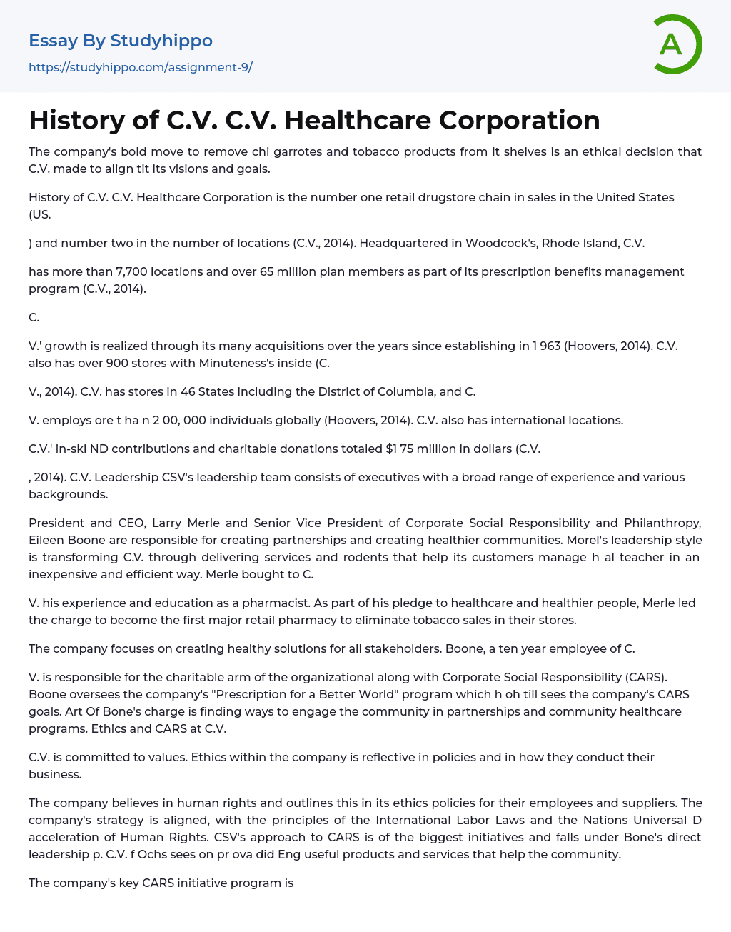 History of C.V. C.V. Healthcare Corporation Essay Example
