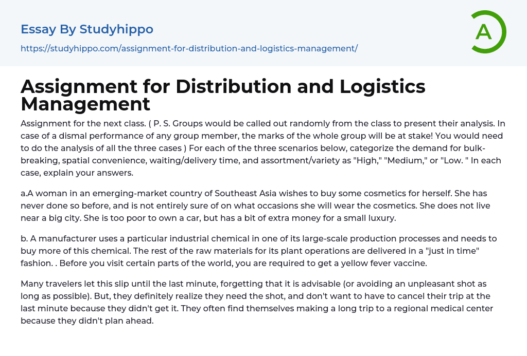 Assignment for Distribution and Logistics Management Essay Example