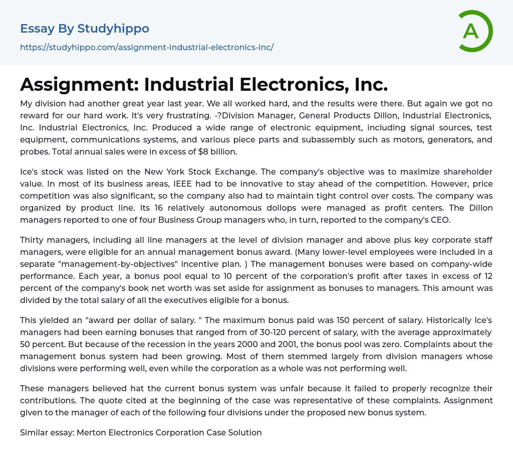 Assignment: Industrial Electronics, Inc. Essay Example