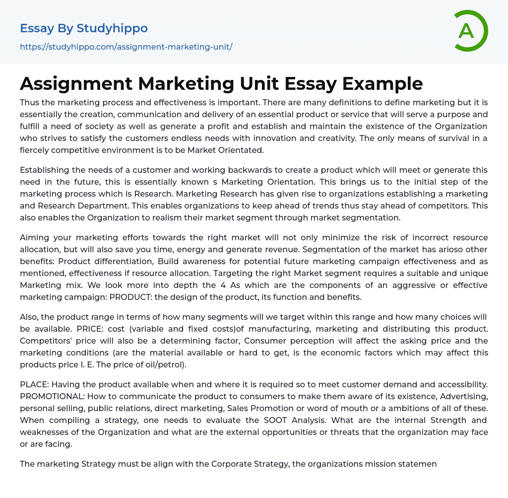 Assignment Marketing Unit Essay Example