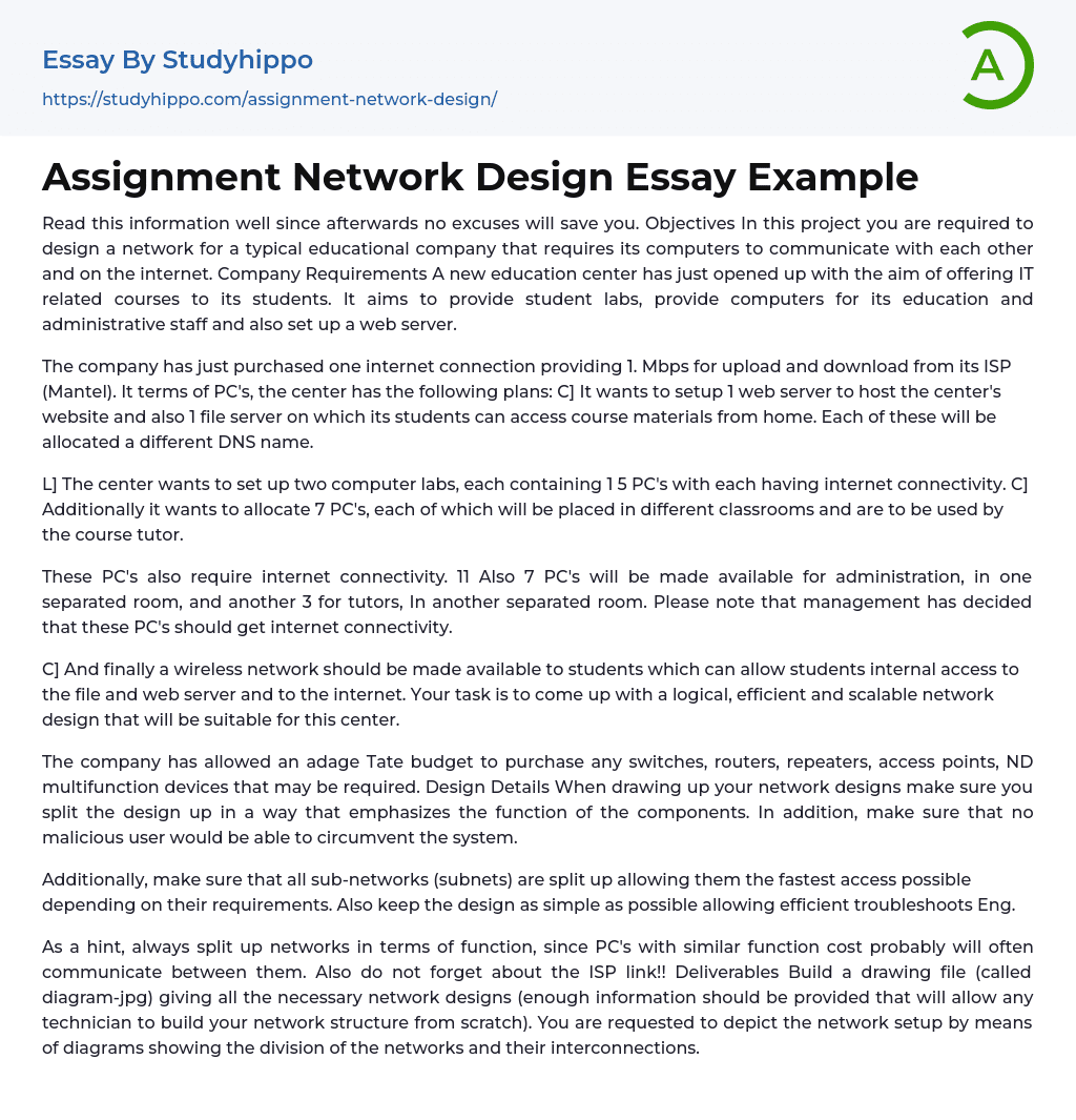 Assignment Network Design Essay Example