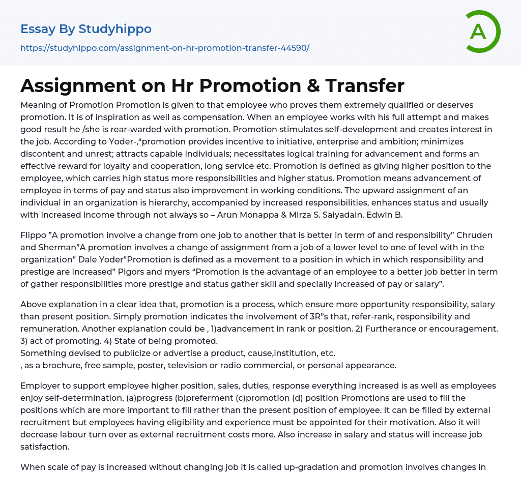 Assignment on Hr Promotion & Transfer Essay Example