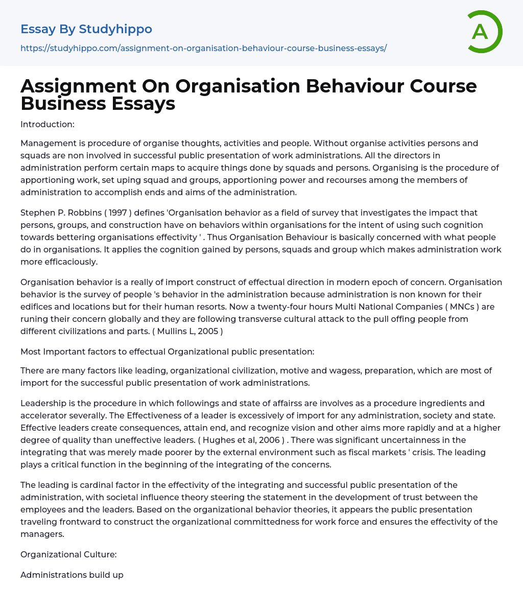 Assignment On Organisation Behaviour Course Business Essays