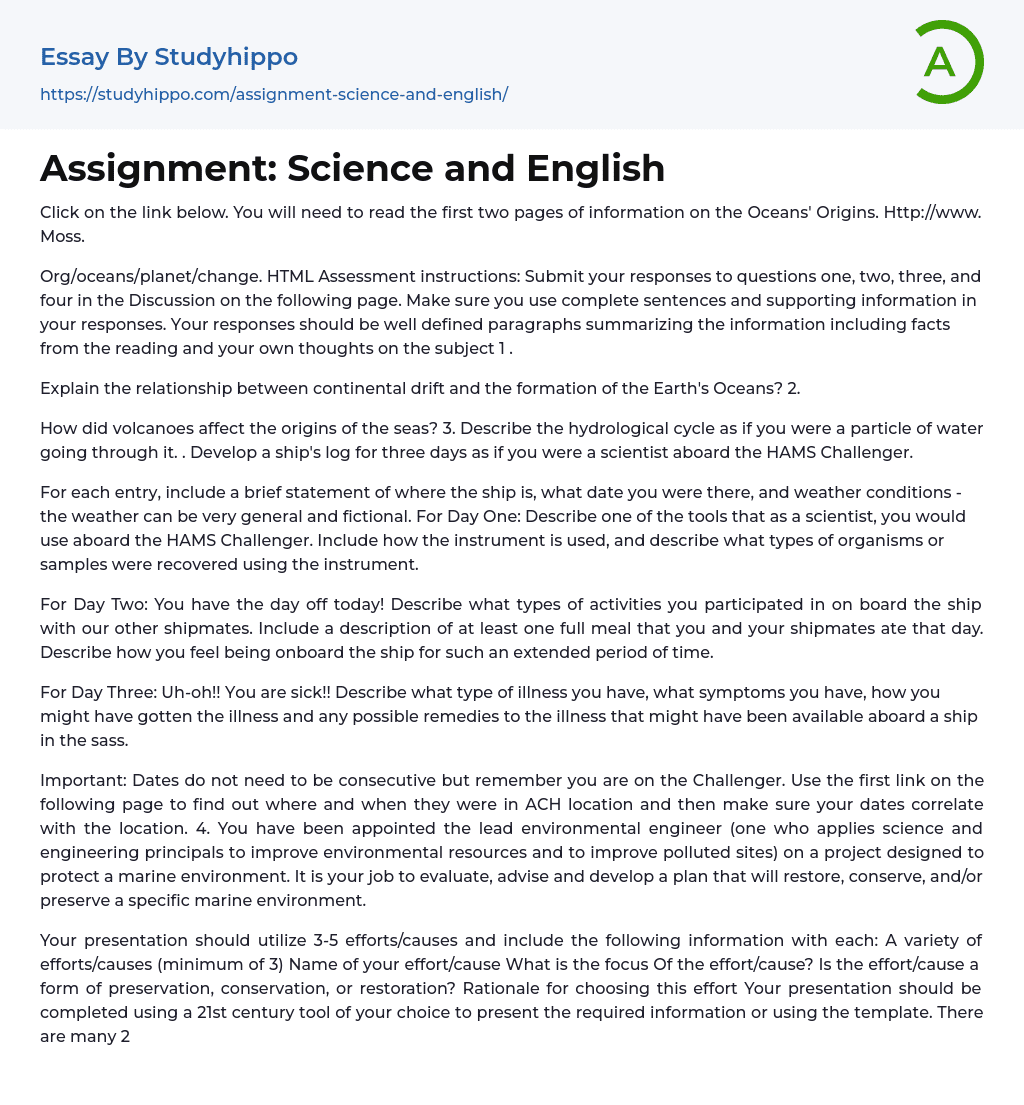 Assignment: Science and English Essay Example