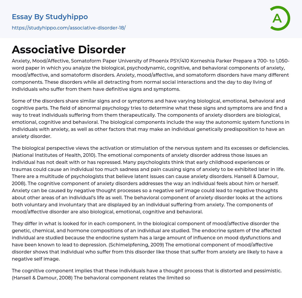 Associative Disorder Essay Example