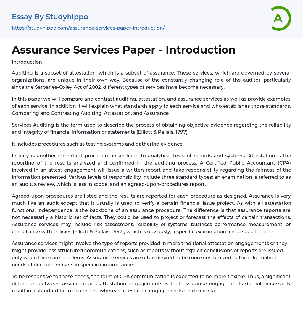 Assurance Services Paper – Introduction Essay Example