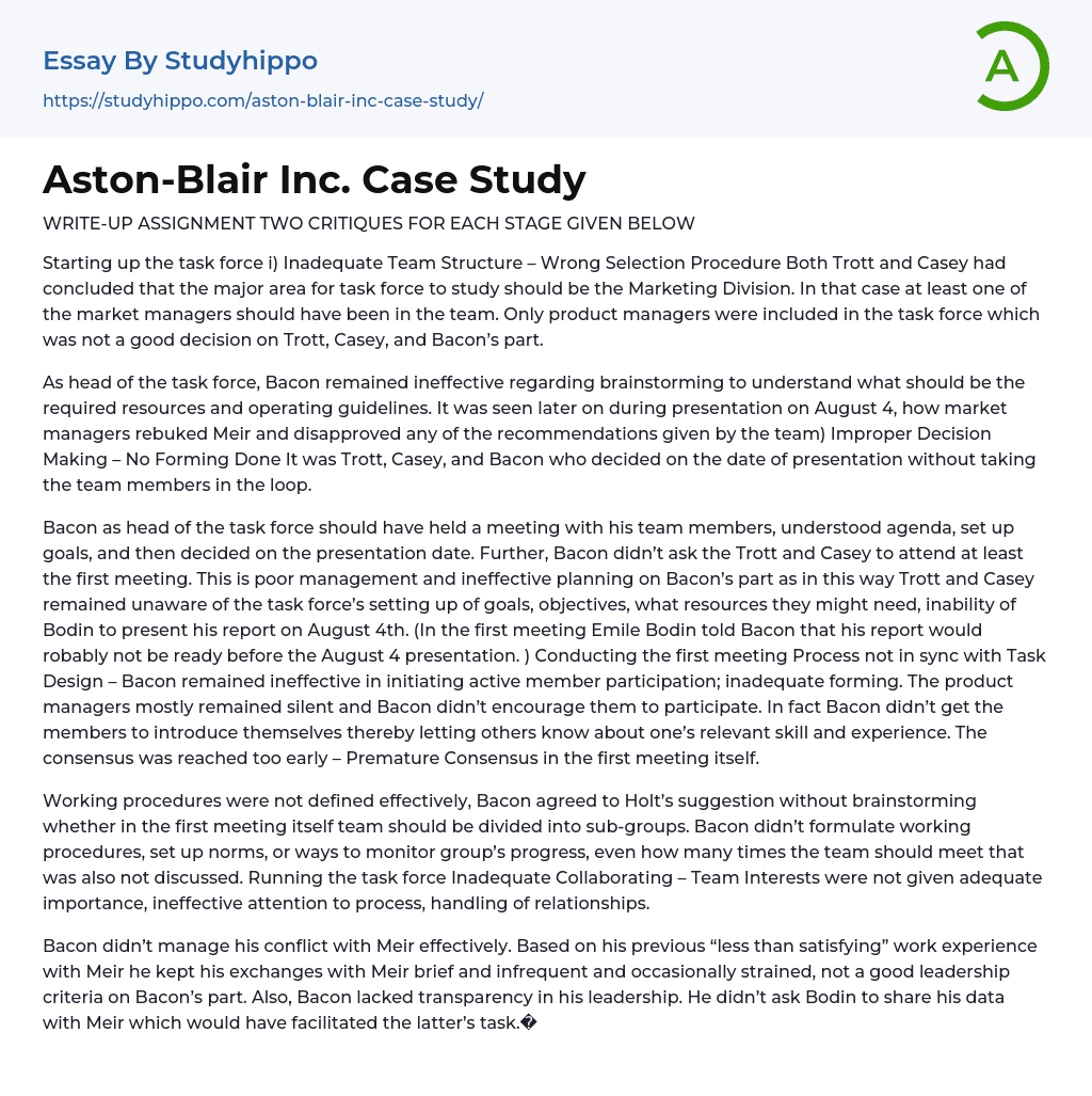 Aston-Blair Inc. Case Study Essay Example