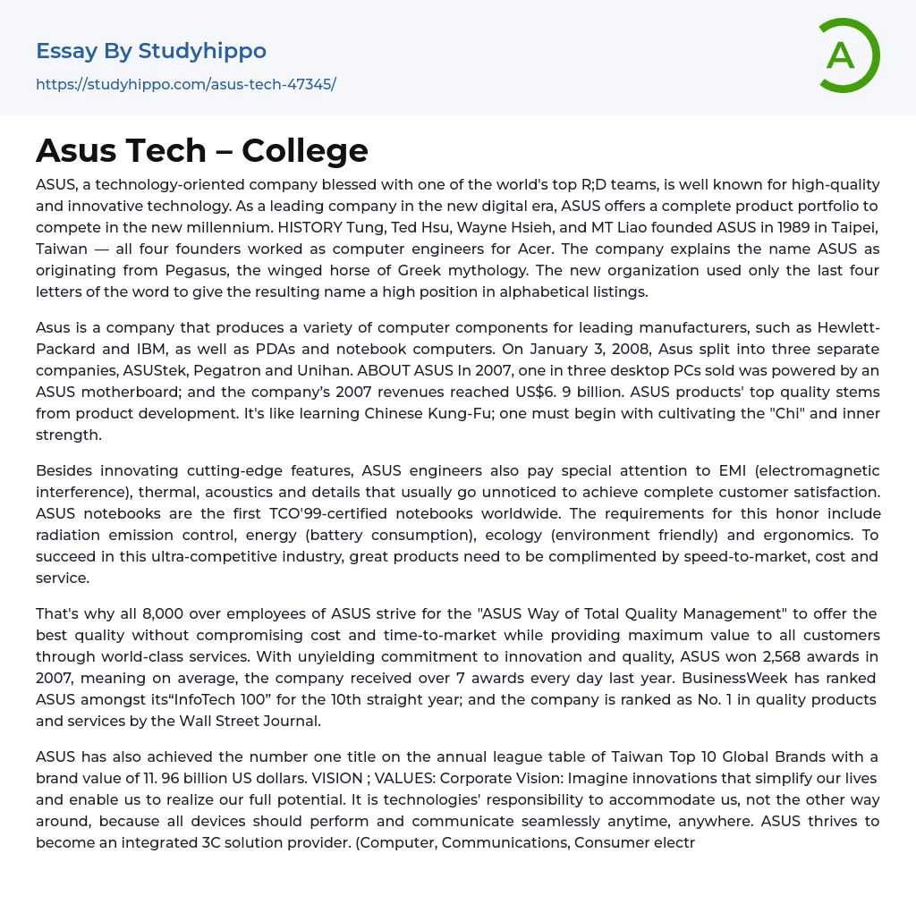 Asus Tech – College Essay Example