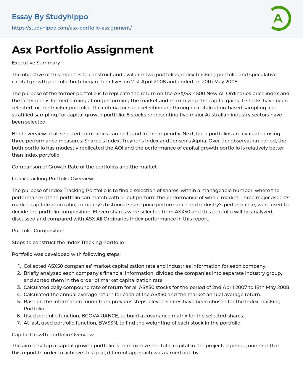 Asx Portfolio Assignment Essay Example