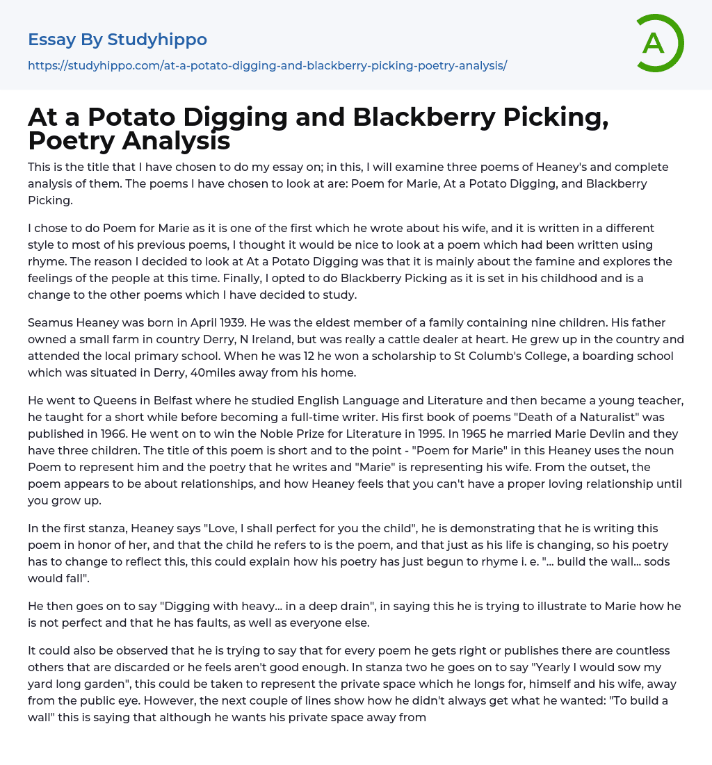At a Potato Digging and Blackberry Picking, Poetry Analysis Essay Example