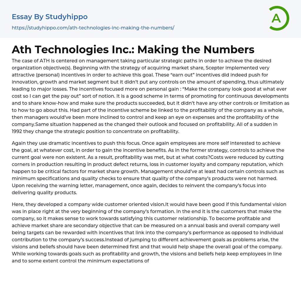 Ath Technologies Inc.: Making the Numbers Essay Example