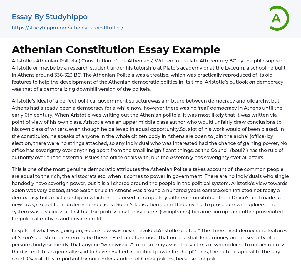Athenian Constitution Essay Example