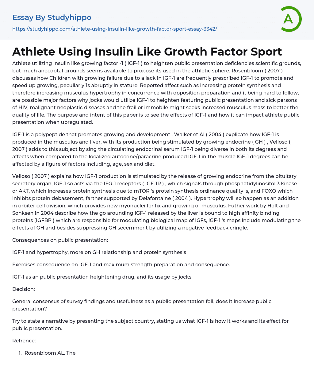 Athlete Using Insulin Like Growth Factor Sport Essay Example