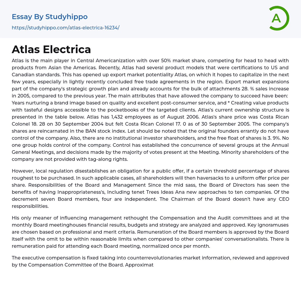 Atlas Electrica Essay Example
