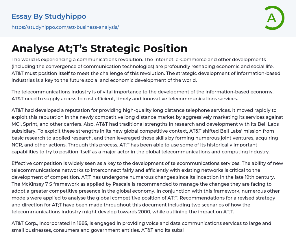 Analyse At;T’s Strategic Position Essay Example