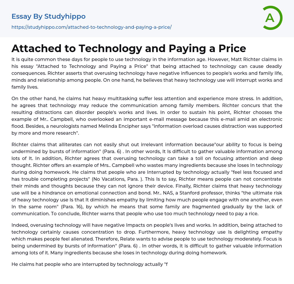 Attached to Technology and Paying a Price Essay Example