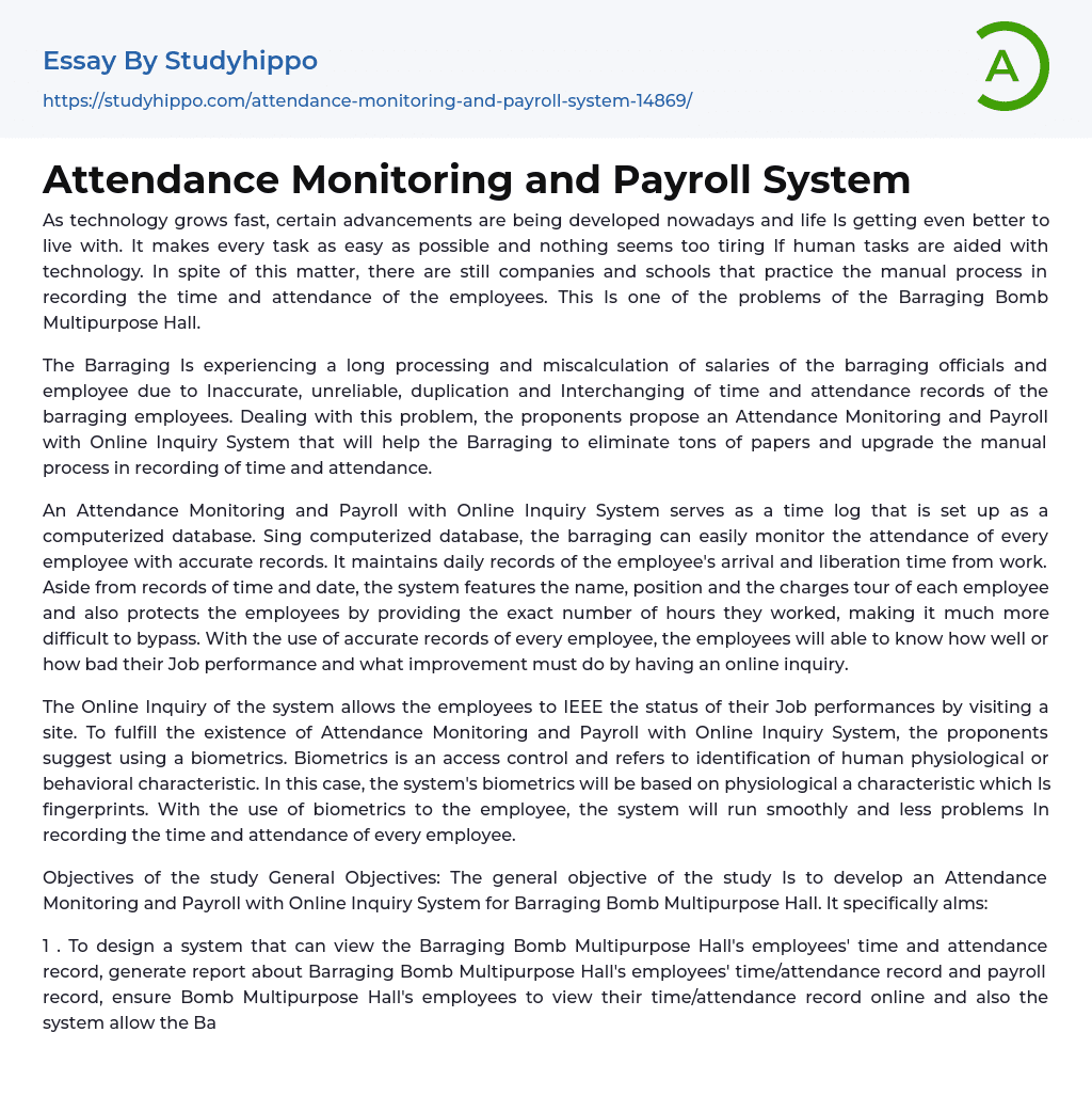 Attendance Monitoring and Payroll System Essay Example