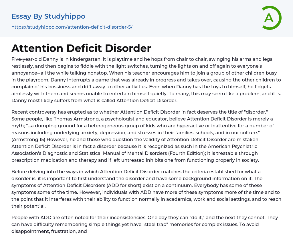 Attention Deficit Disorder Essay Example