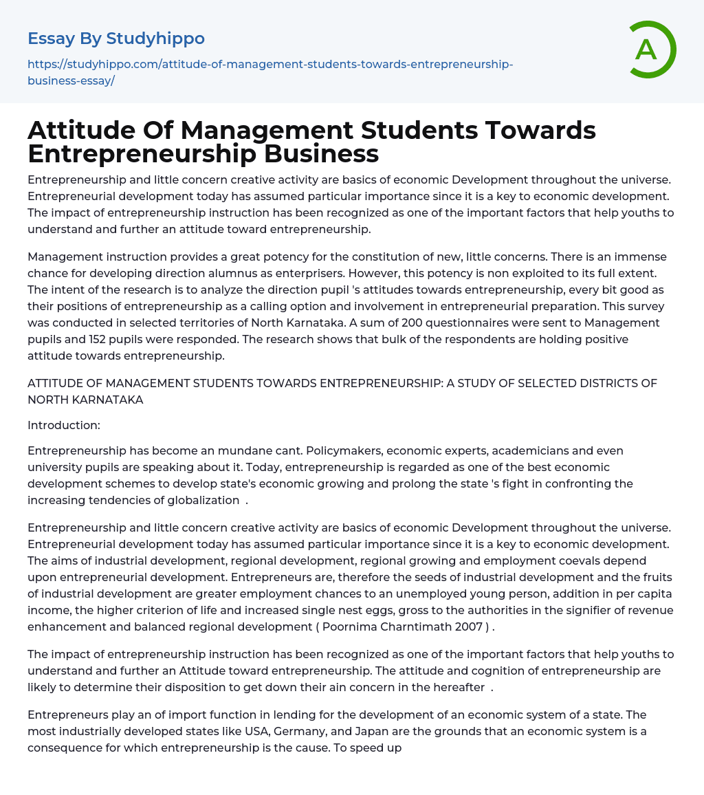 Attitude Of Management Students Towards Entrepreneurship Business Essay Example