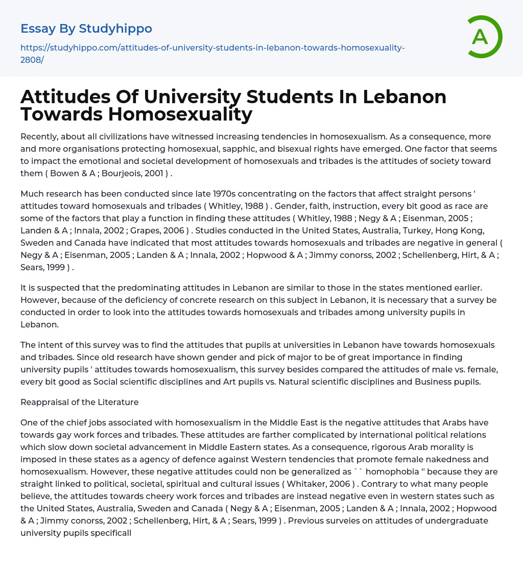 Attitudes Of University Students In Lebanon Towards Homosexuality Essay Example