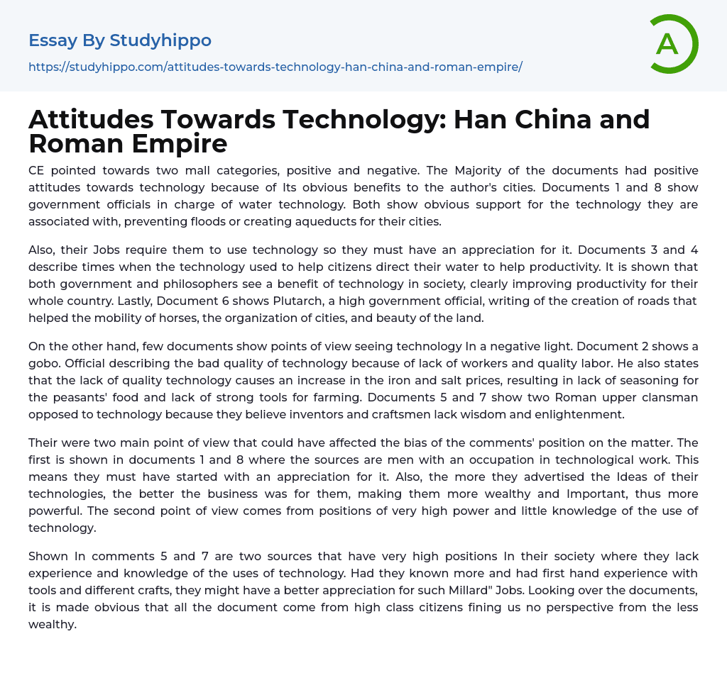 Attitudes Towards Technology: Han China and Roman Empire Essay Example