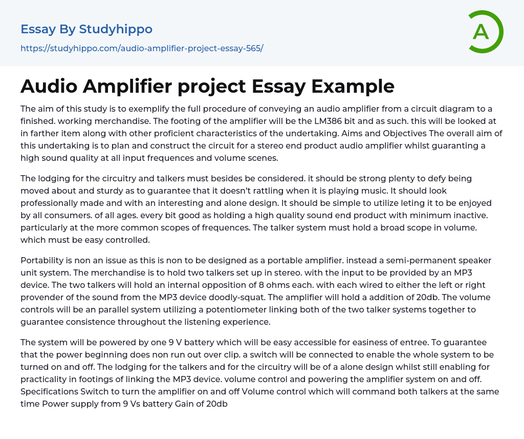 Audio Amplifier project Essay Example