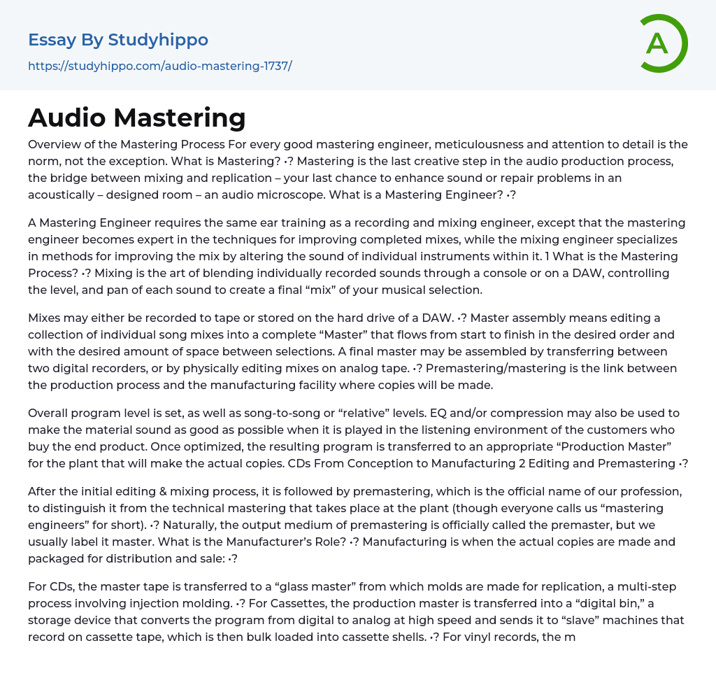 Audio Mastering Essay Example