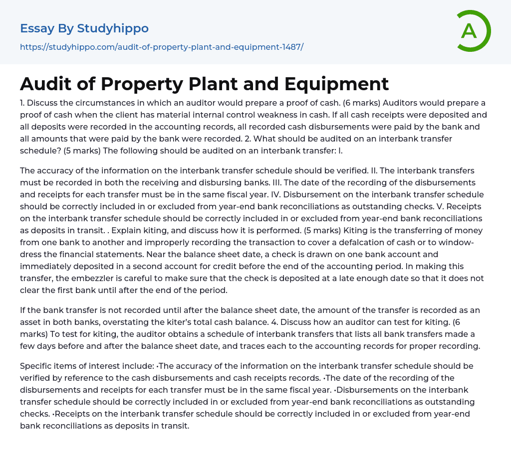 Audit of Property Plant and Equipment Essay Example
