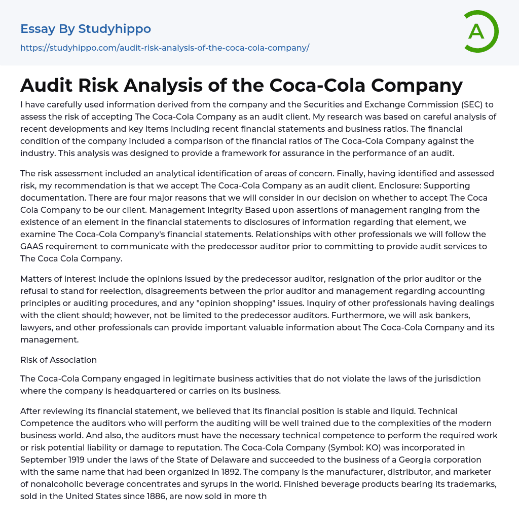 Audit Risk Analysis of the Coca-Cola Company Essay Example