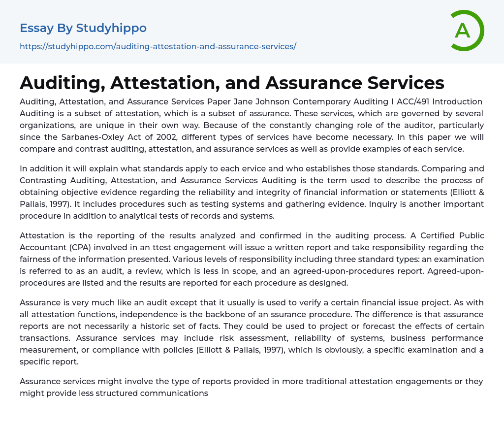 Auditing, Attestation, and Assurance Services Essay Example