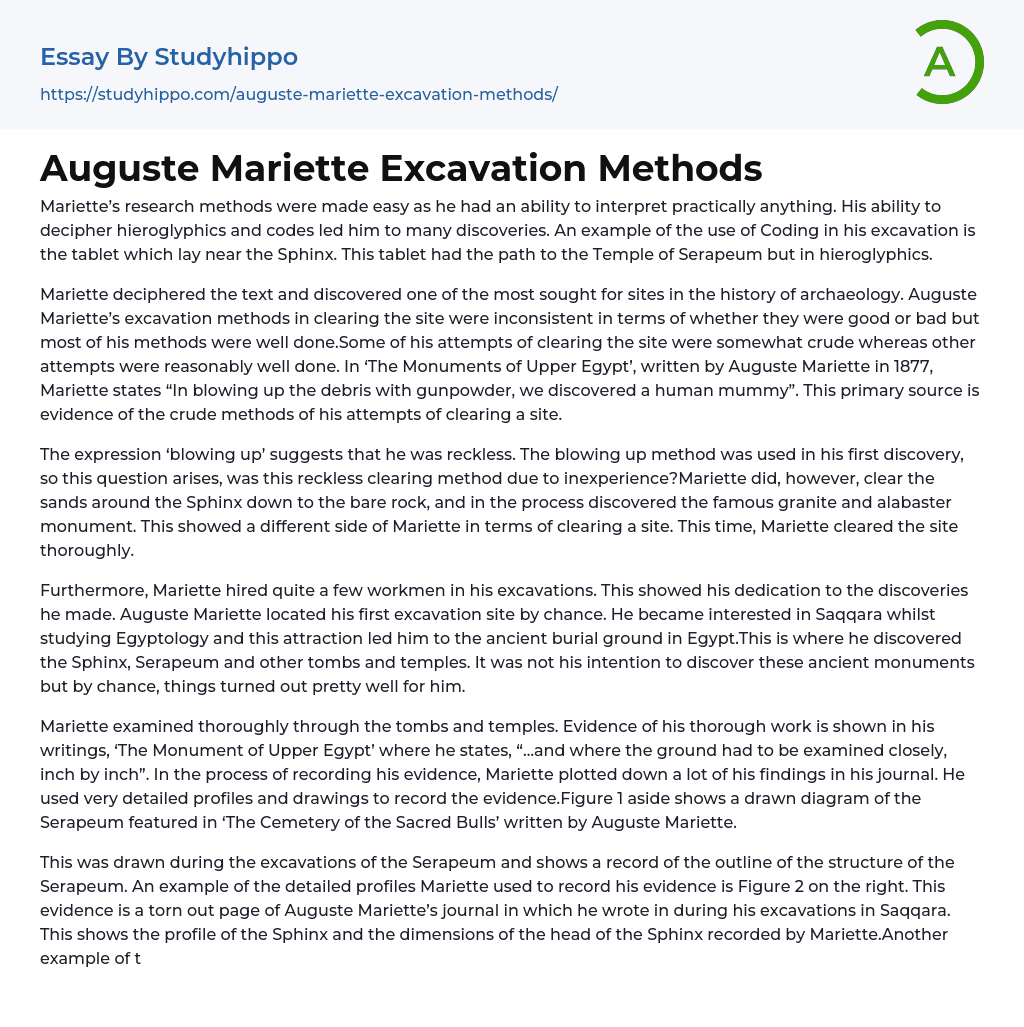 Auguste Mariette Excavation Methods Essay Example