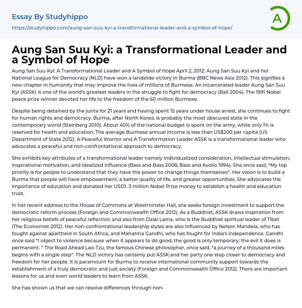 Aung San Suu Kyi: A Transformational Leader and A Symbol of Hope Essay Example