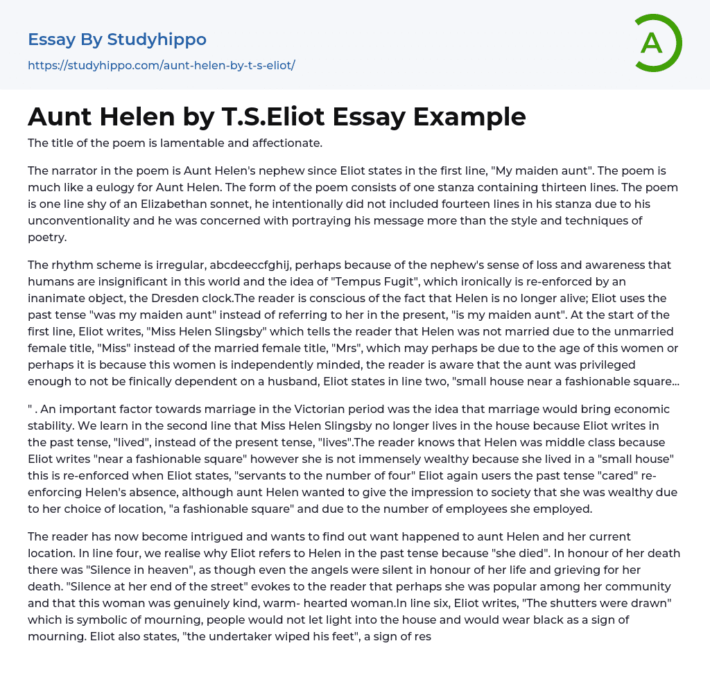 Aunt Helen by T.S.Eliot Essay Example