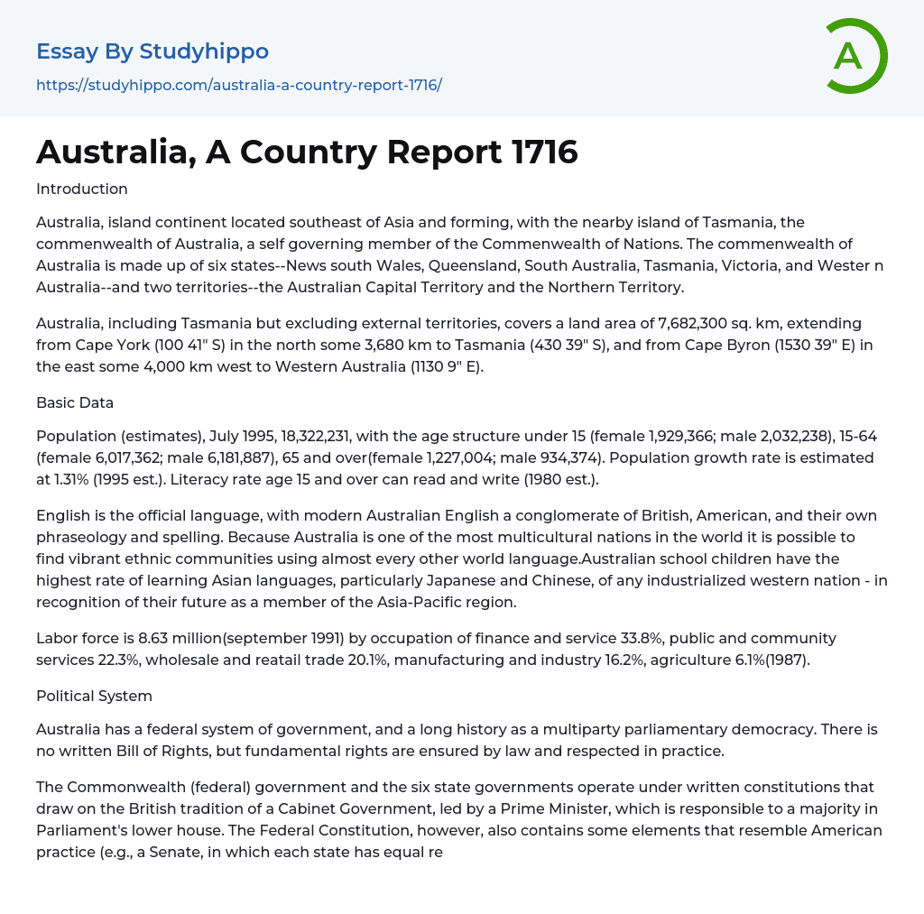 Australia, A Country Report 1716 Essay Example
