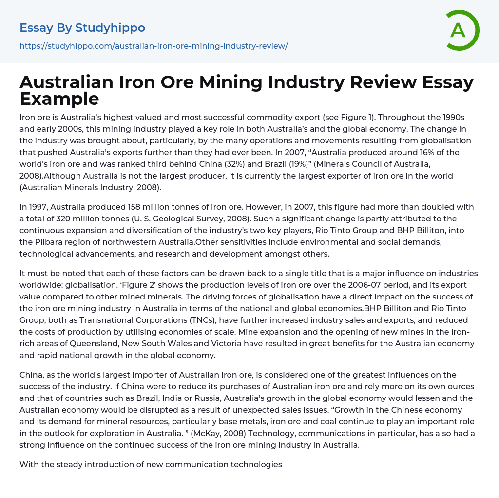 Australian Iron Ore Mining Industry Review Essay Example