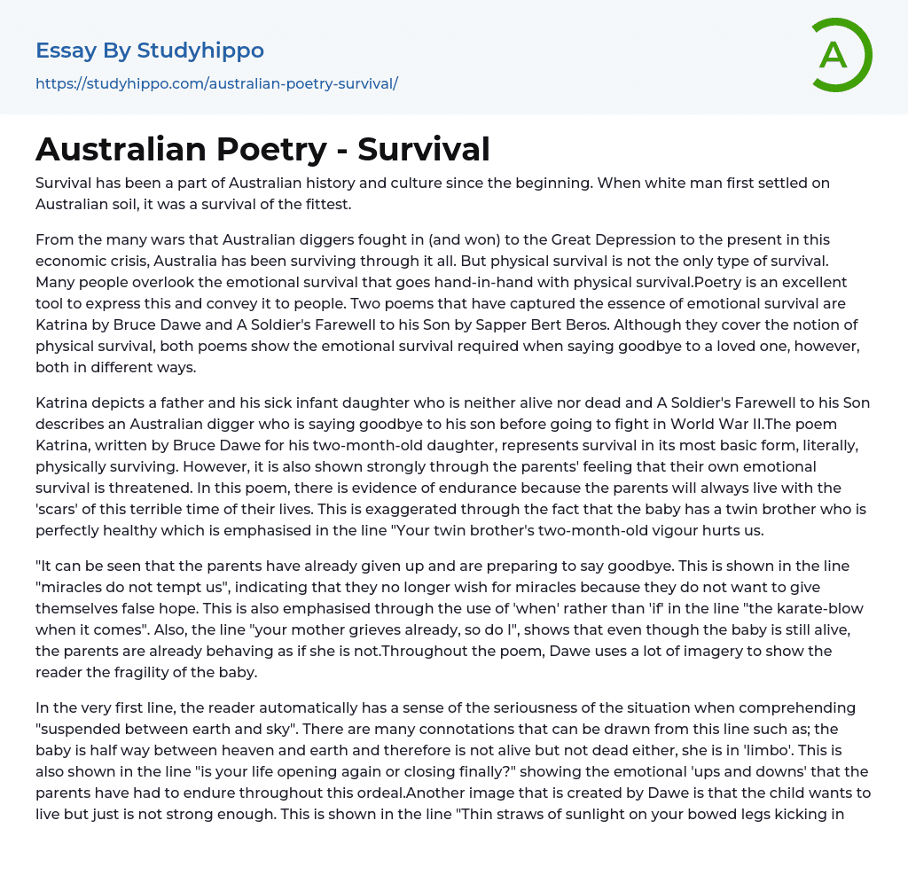 Australian Poetry – Survival Essay Example