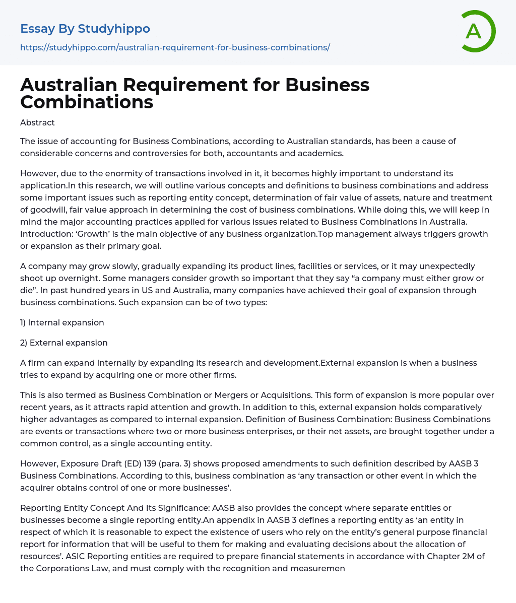 Australian Requirement for Business Combinations Essay Example