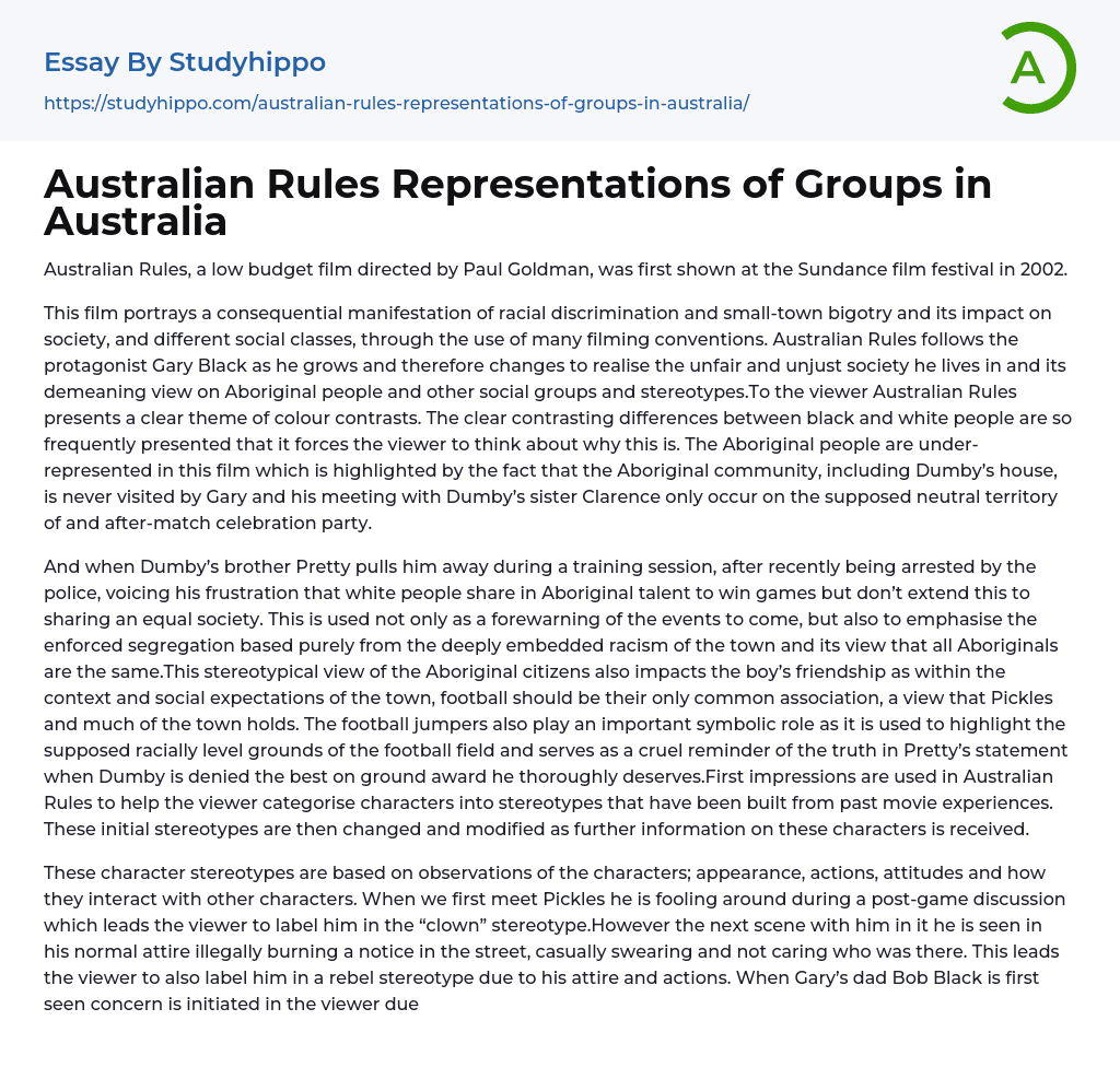 Australian Rules Representations of Groups in Australia Essay Example