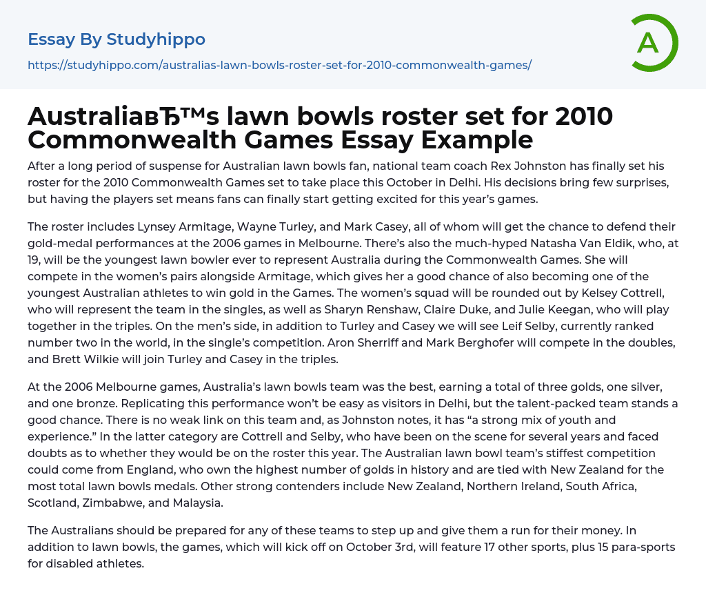 Australia’s lawn bowls roster set for 2010 Commonwealth Games Essay Example