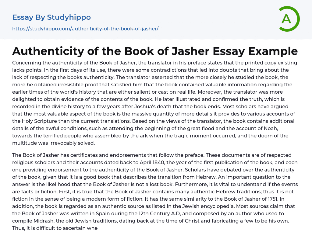 Authenticity of the Book of Jasher Essay Example