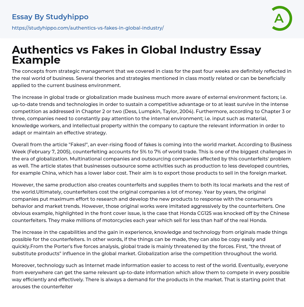 Authentics vs Fakes in Global Industry Essay Example