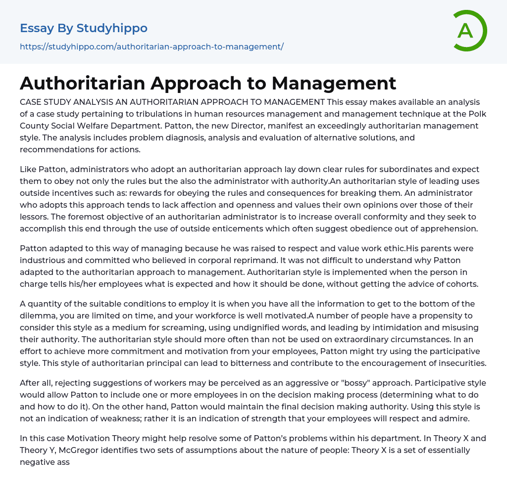 Authoritarian Approach to Management Essay Example