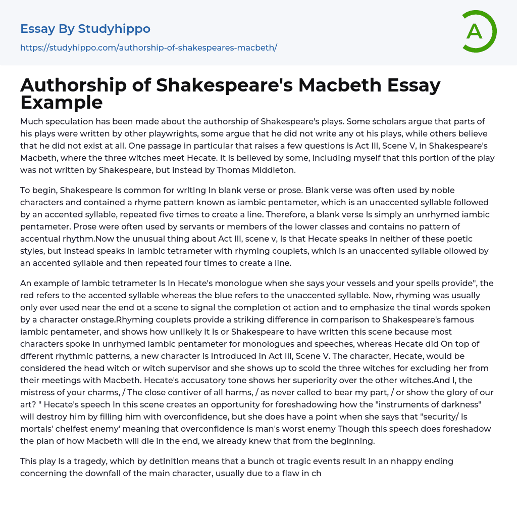 Authorship of Shakespeare’s Macbeth Essay Example