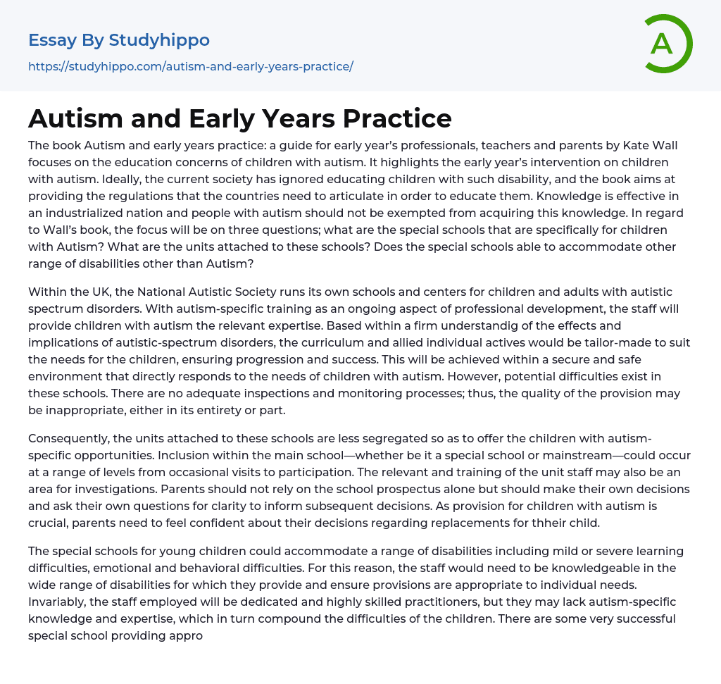 Autism and Early Years Practice Essay Example