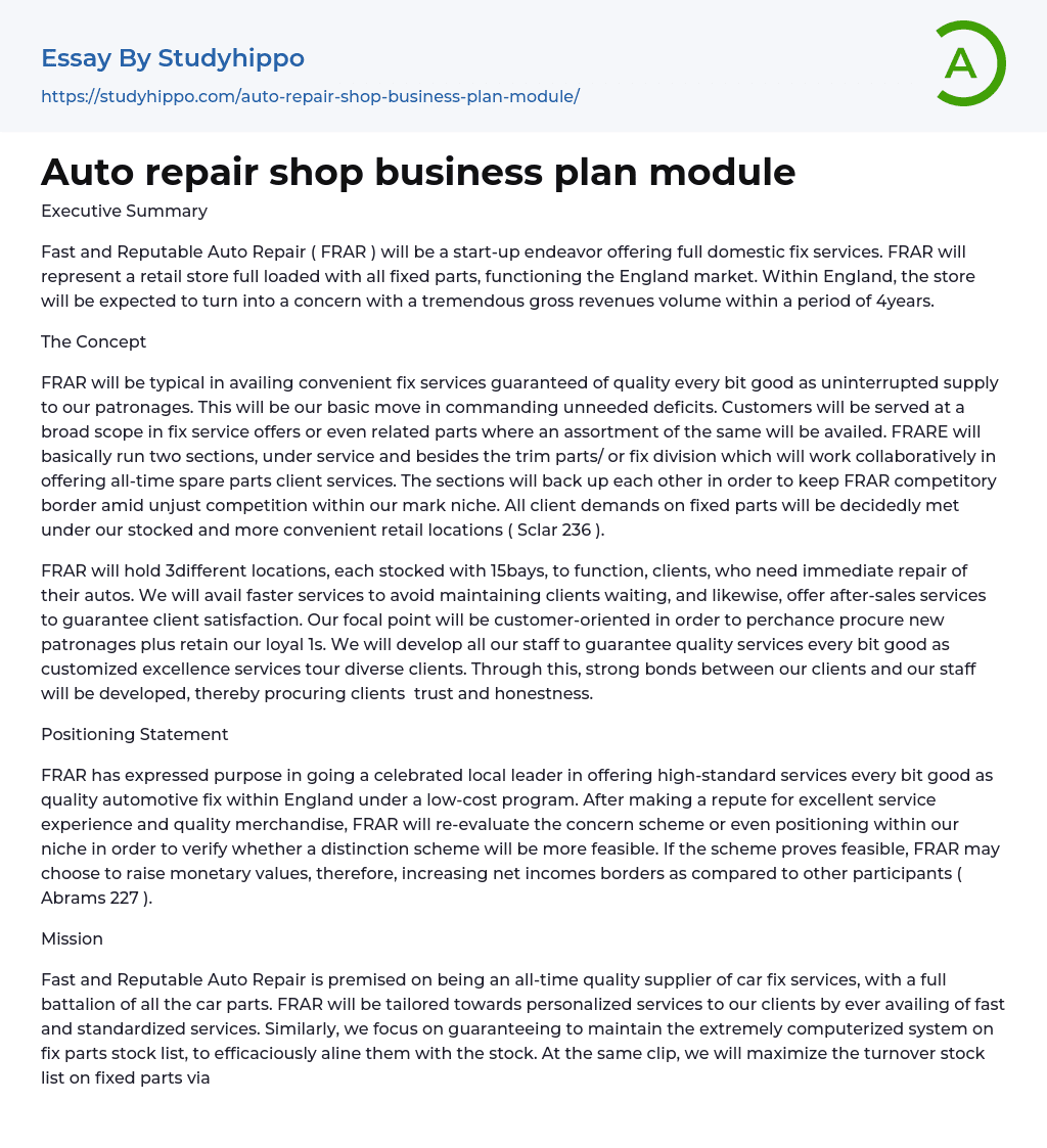 Auto repair shop business plan module Essay Example