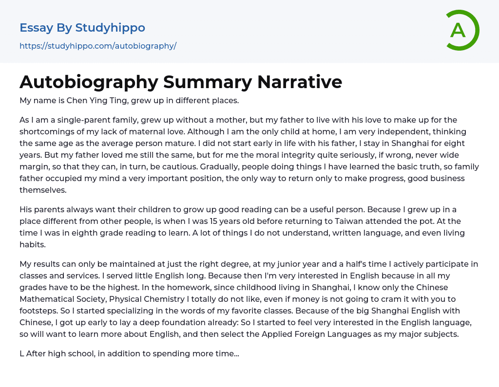 Autobiography Summary Narrative Essay Example